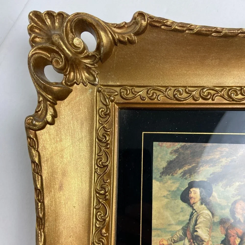 Vintage Painting reproduction Victorian era Men Horse Framed Gold Patina